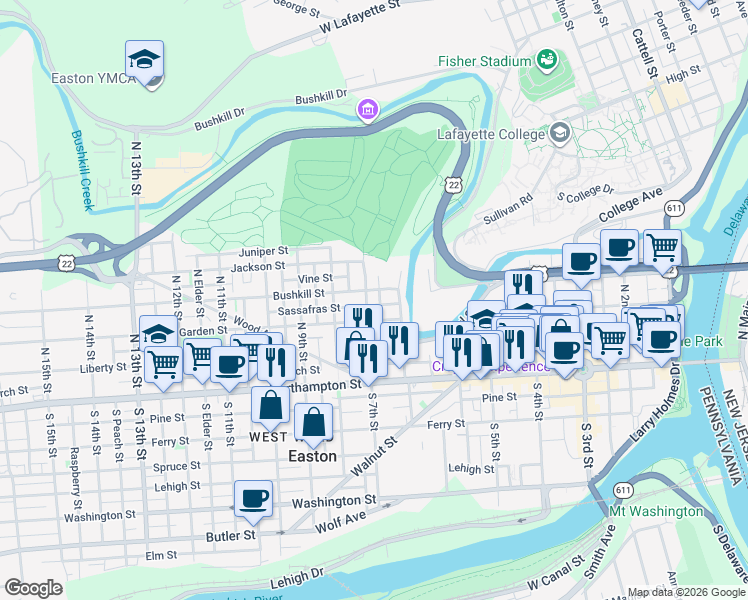 map of restaurants, bars, coffee shops, grocery stores, and more near 673 Sassafras Street in Easton