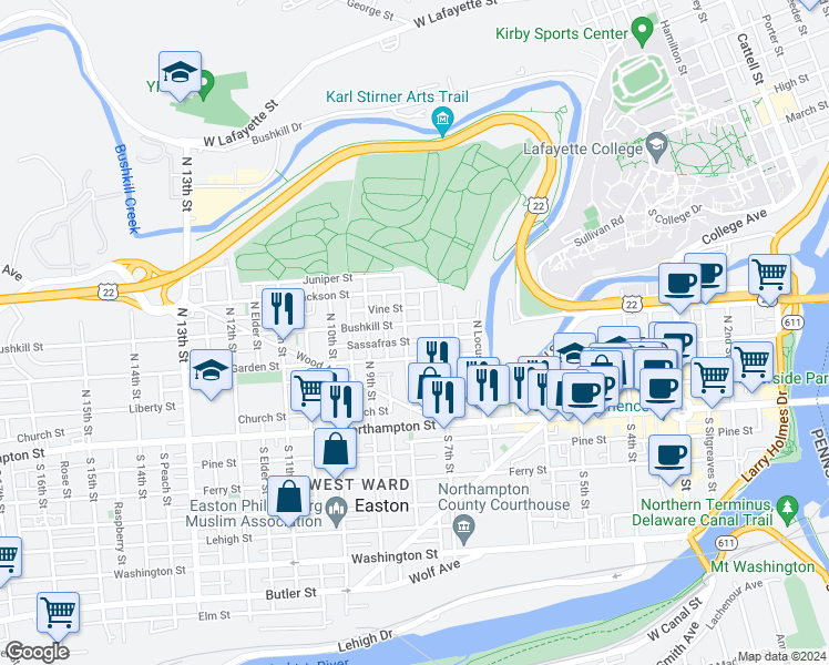 map of restaurants, bars, coffee shops, grocery stores, and more near 714 Bushkill Street in Easton