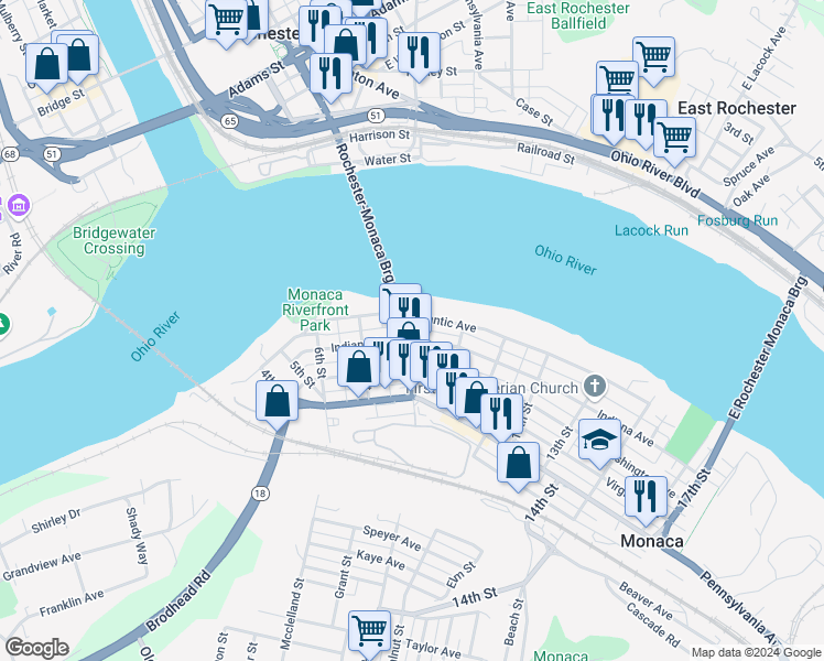 map of restaurants, bars, coffee shops, grocery stores, and more near 831 Indiana Avenue in Monaca