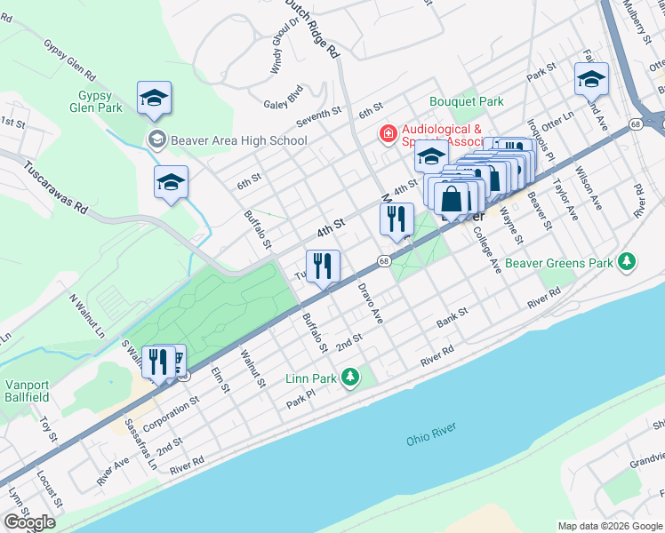 map of restaurants, bars, coffee shops, grocery stores, and more near 1097 Turnpike Street in Beaver