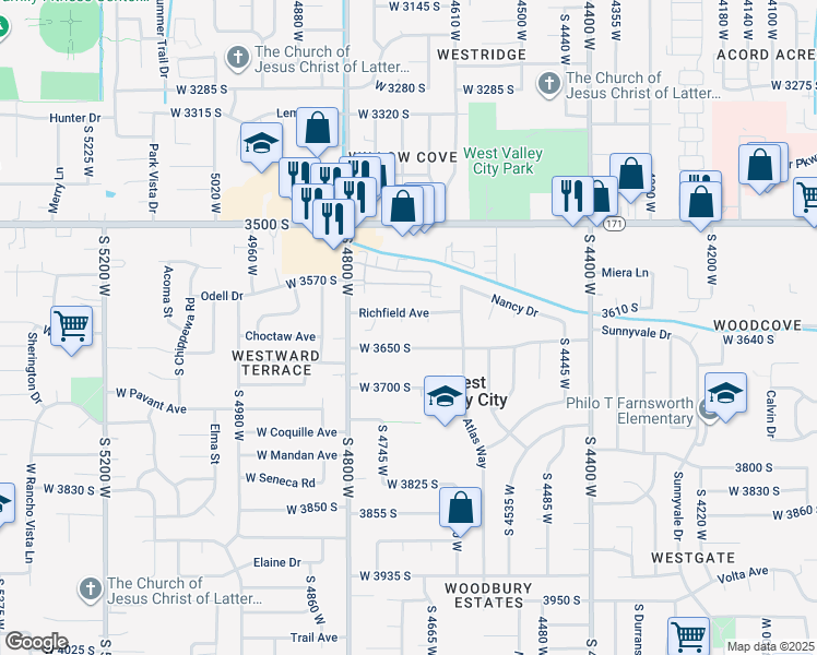 map of restaurants, bars, coffee shops, grocery stores, and more near 3623 South Richfield Court in West Valley City
