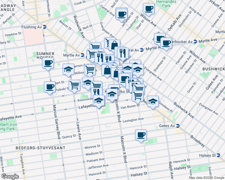 map of restaurants, bars, coffee shops, grocery stores, and more near 1078 DeKalb Avenue in Brooklyn
