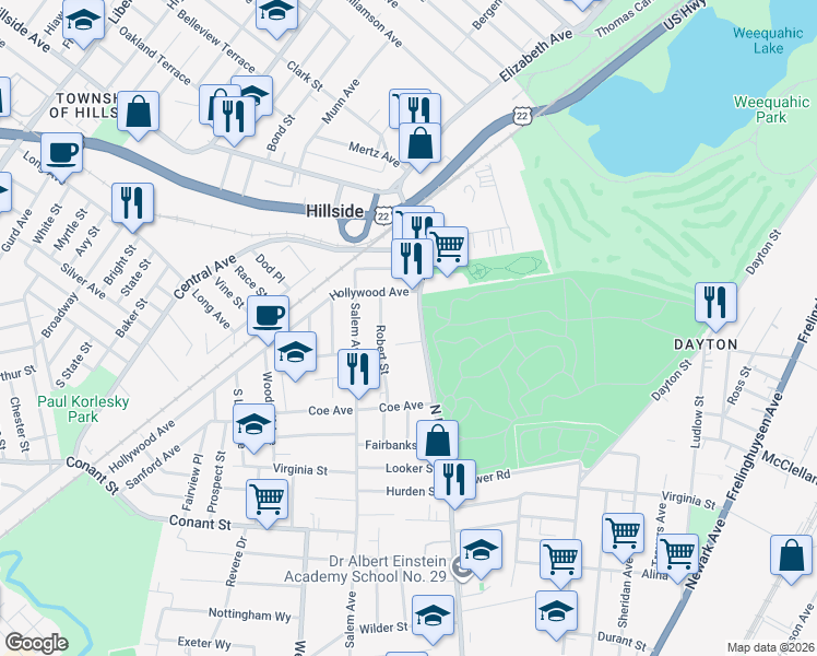 map of restaurants, bars, coffee shops, grocery stores, and more near 1264 North Broad Street in Hillside