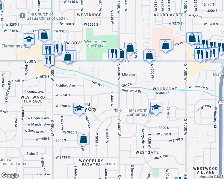 map of restaurants, bars, coffee shops, grocery stores, and more near 3635 South 4445 West in West Valley City