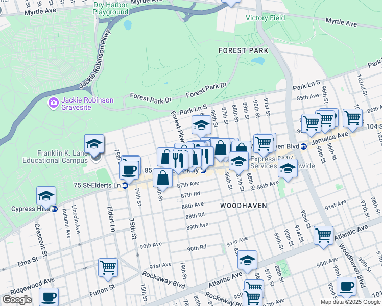 map of restaurants, bars, coffee shops, grocery stores, and more near 86-05 Forest Parkway in Queens