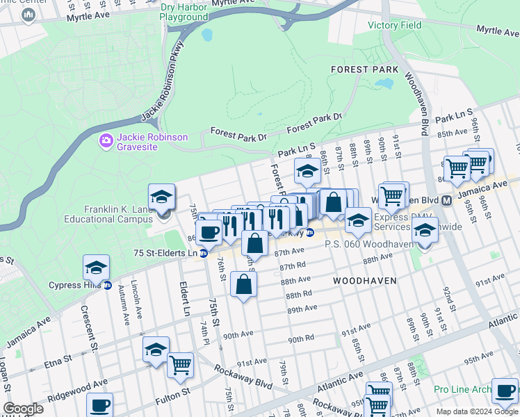 map of restaurants, bars, coffee shops, grocery stores, and more near 86-04 80th Street in Queens