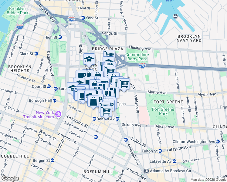 map of restaurants, bars, coffee shops, grocery stores, and more near 160 Myrtle Avenue in Brooklyn