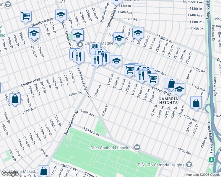 map of restaurants, bars, coffee shops, grocery stores, and more near 219-12 118th Avenue in Queens