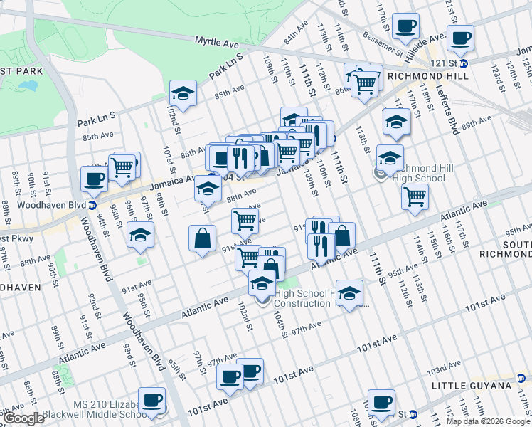 map of restaurants, bars, coffee shops, grocery stores, and more near 104-39 90th Avenue in Queens