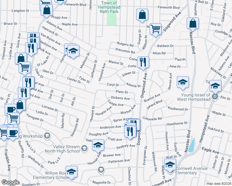 map of restaurants, bars, coffee shops, grocery stores, and more near 715 Plato Street in Franklin Square