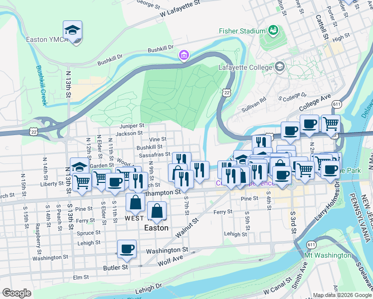 map of restaurants, bars, coffee shops, grocery stores, and more near 673 Sassafras Street in Easton