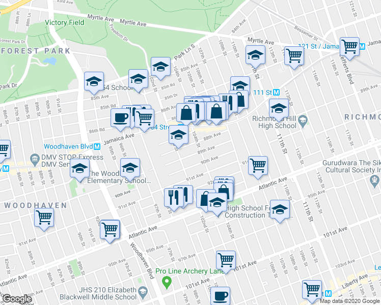 map of restaurants, bars, coffee shops, grocery stores, and more near 102-25 89th Avenue in Queens