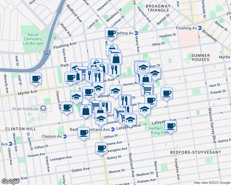 map of restaurants, bars, coffee shops, grocery stores, and more near 427 Willoughby Avenue in Brooklyn