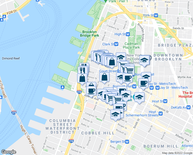 map of restaurants, bars, coffee shops, grocery stores, and more near 79 Joralemon Street in Brooklyn