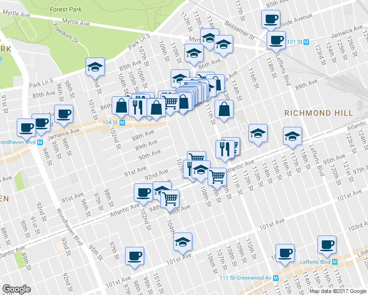 map of restaurants, bars, coffee shops, grocery stores, and more near 87-72 108th Street in Queens