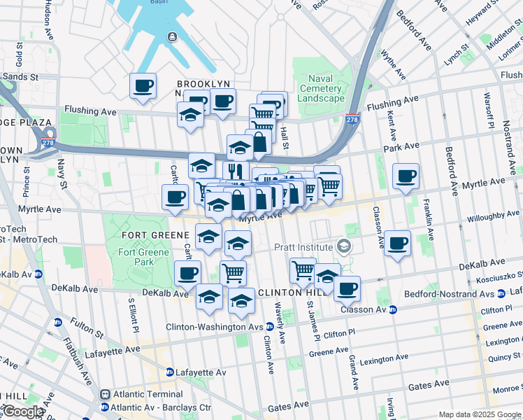 map of restaurants, bars, coffee shops, grocery stores, and more near 146 Waverly Avenue in Brooklyn