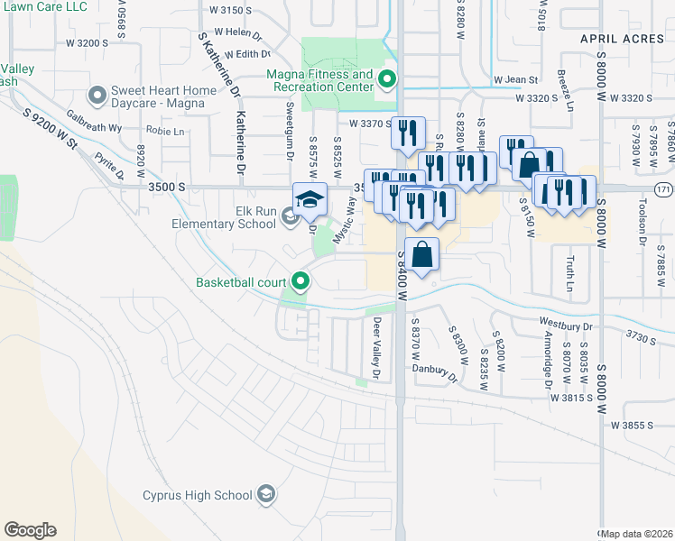 map of restaurants, bars, coffee shops, grocery stores, and more near 8525 Elk Mountain Road in Magna