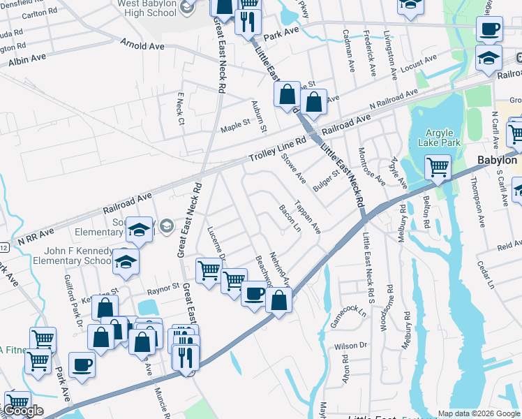 map of restaurants, bars, coffee shops, grocery stores, and more near 50 Nehring Avenue in Babylon