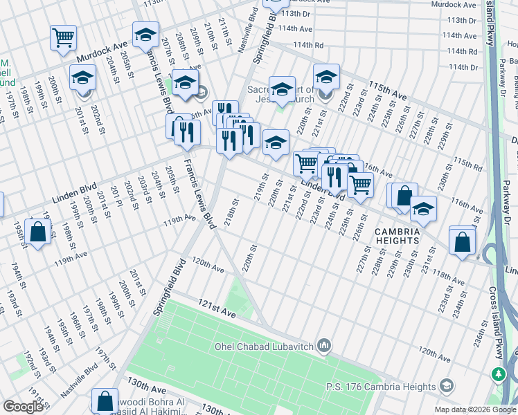 map of restaurants, bars, coffee shops, grocery stores, and more near 219-12 118th Avenue in Queens