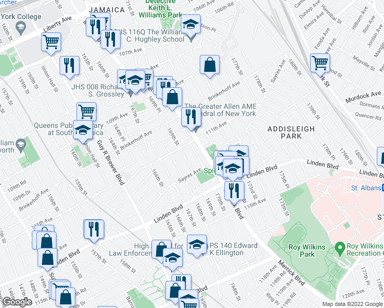map of restaurants, bars, coffee shops, grocery stores, and more near 111-20 170th Street in Queens