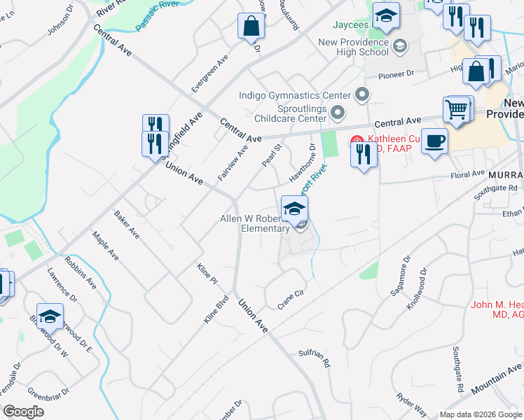 map of restaurants, bars, coffee shops, grocery stores, and more near 29 Jones Drive in New Providence