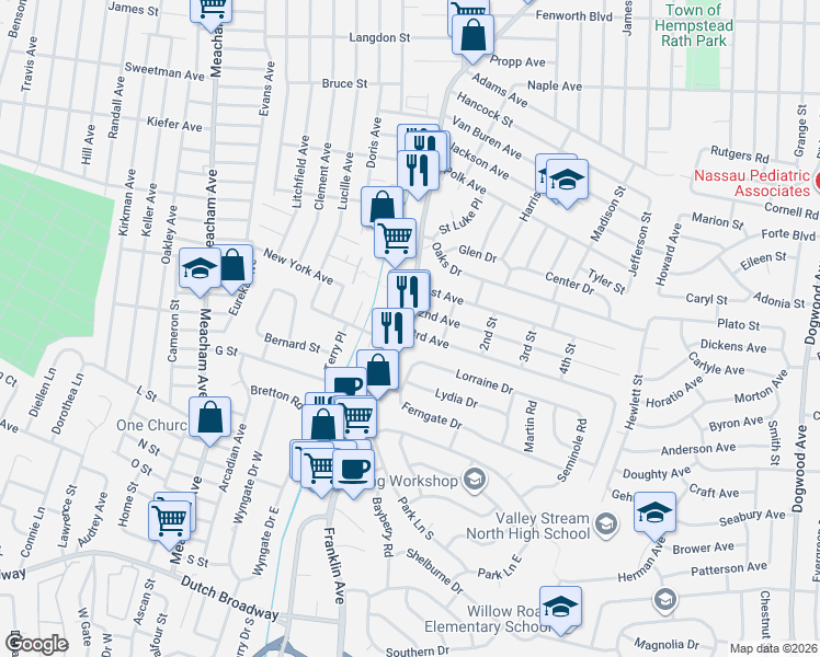map of restaurants, bars, coffee shops, grocery stores, and more near 531 Franklin Avenue in Franklin Square