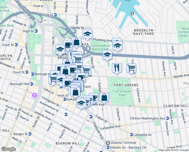 map of restaurants, bars, coffee shops, grocery stores, and more near 218 Myrtle Avenue in Brooklyn