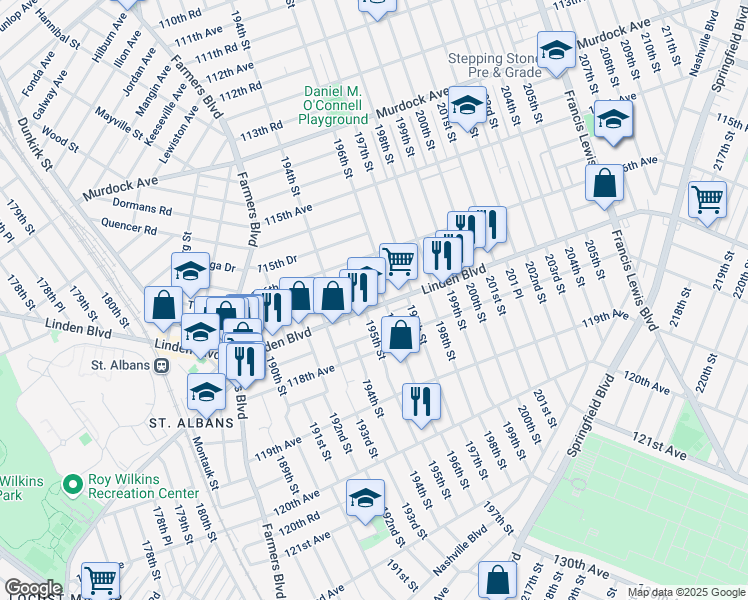 map of restaurants, bars, coffee shops, grocery stores, and more near 195-13 Linden Boulevard in Queens