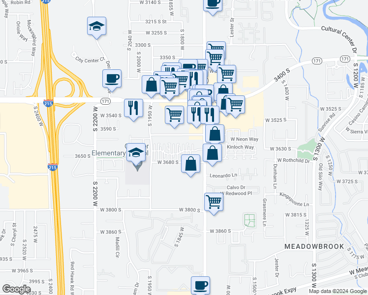 map of restaurants, bars, coffee shops, grocery stores, and more near 1780 West Homestead Farms Lane in West Valley City