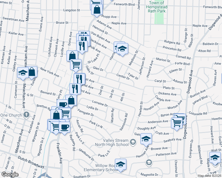 map of restaurants, bars, coffee shops, grocery stores, and more near 947 1st Avenue in Franklin Square