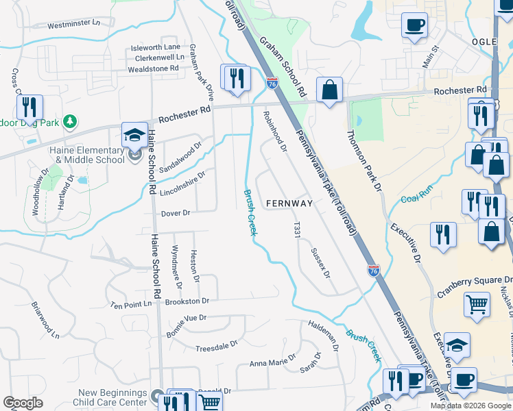 map of restaurants, bars, coffee shops, grocery stores, and more near 320 Byron Circle in Cranberry Township