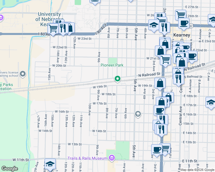 map of restaurants, bars, coffee shops, grocery stores, and more near 800 West 19th Street in Kearney