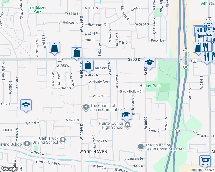 map of restaurants, bars, coffee shops, grocery stores, and more near 3622 Chatterleigh Road in West Valley City