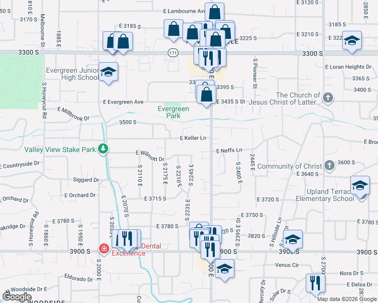 map of restaurants, bars, coffee shops, grocery stores, and more near 2241 East Wilmott Drive in Salt Lake City
