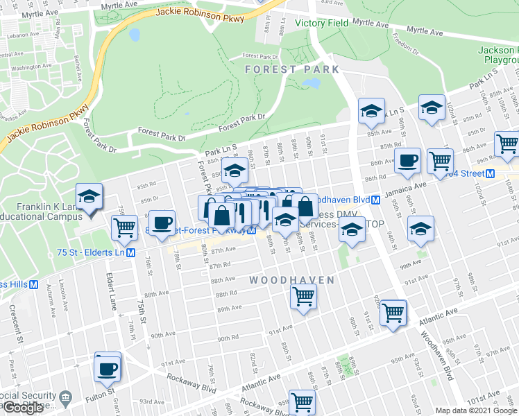 map of restaurants, bars, coffee shops, grocery stores, and more near 8608 86th Street in Queens