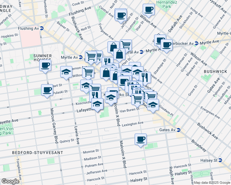 map of restaurants, bars, coffee shops, grocery stores, and more near 25 Malcolm X Boulevard in Brooklyn
