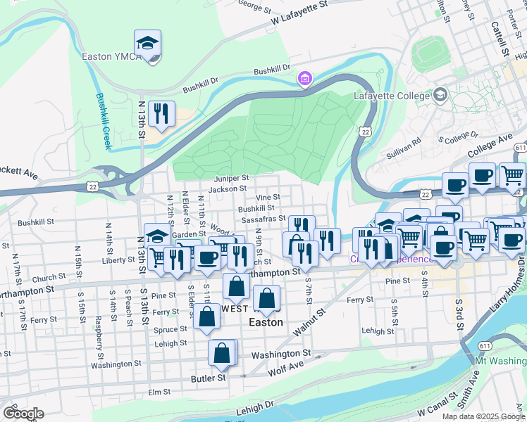map of restaurants, bars, coffee shops, grocery stores, and more near 834 Bushkill Street in Easton