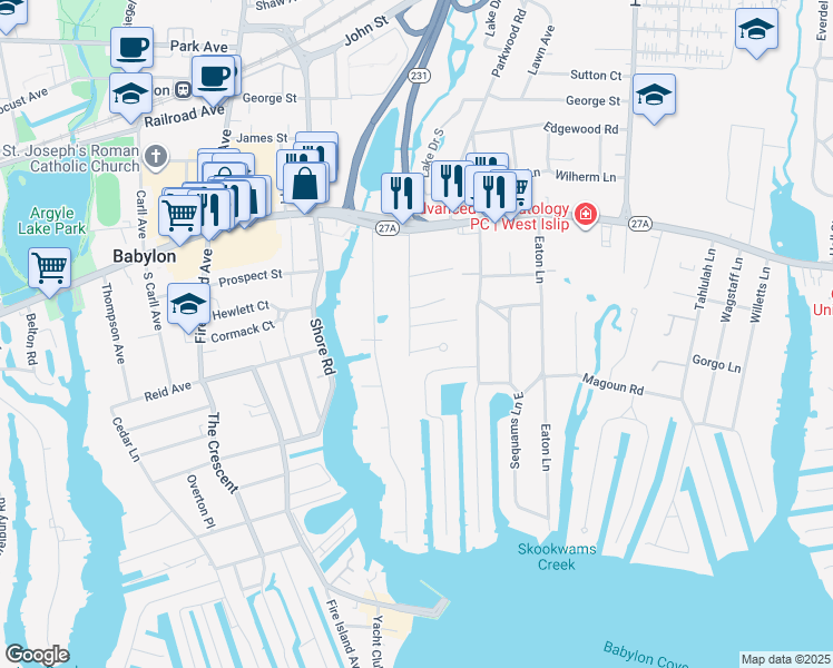 map of restaurants, bars, coffee shops, grocery stores, and more near 75 Deforest Avenue in West Islip