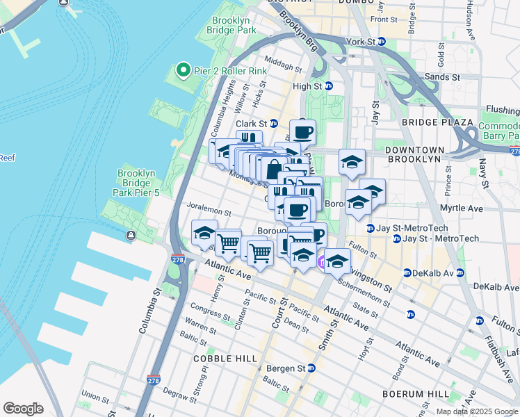 map of restaurants, bars, coffee shops, grocery stores, and more near 134 Remsen Street in Brooklyn