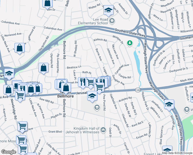 map of restaurants, bars, coffee shops, grocery stores, and more near 2835 Janet Avenue in North Bellmore