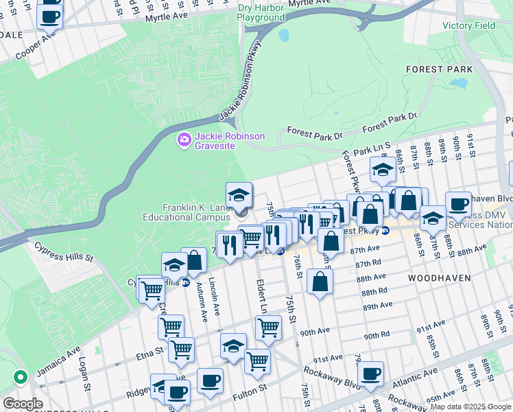 map of restaurants, bars, coffee shops, grocery stores, and more near 74-21 85th Drive in Queens