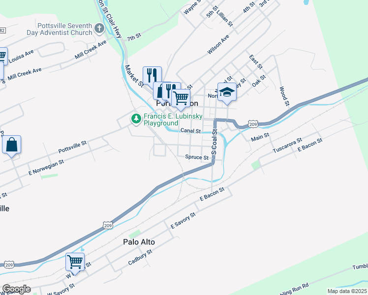 map of restaurants, bars, coffee shops, grocery stores, and more near 211 Jackson Street in Port Carbon
