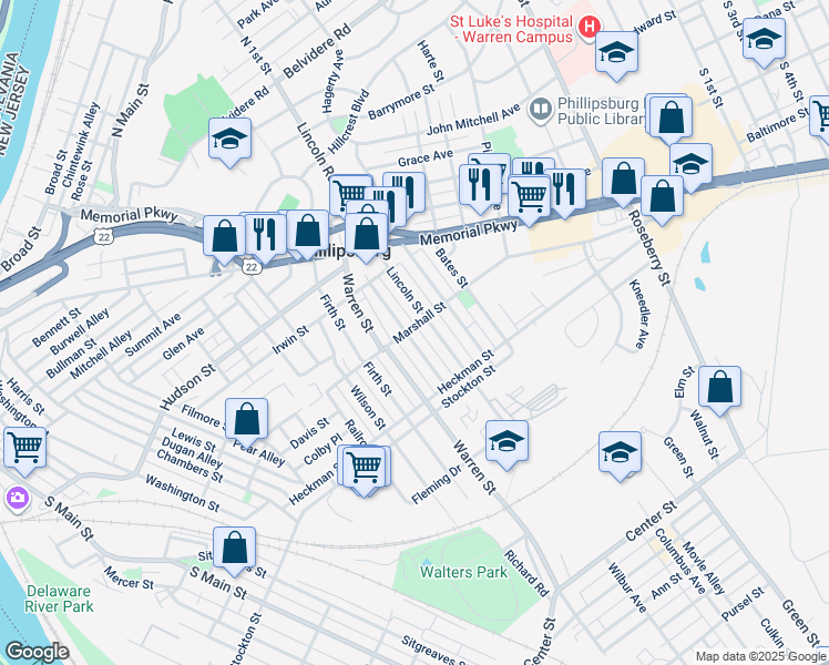 map of restaurants, bars, coffee shops, grocery stores, and more near 331 Grant Street in Phillipsburg