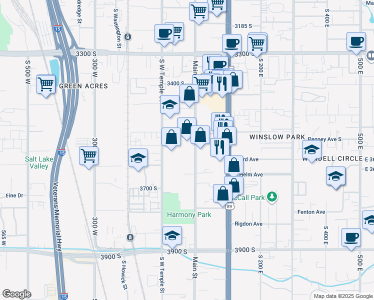 map of restaurants, bars, coffee shops, grocery stores, and more near 3588 South Main Street in South Salt Lake