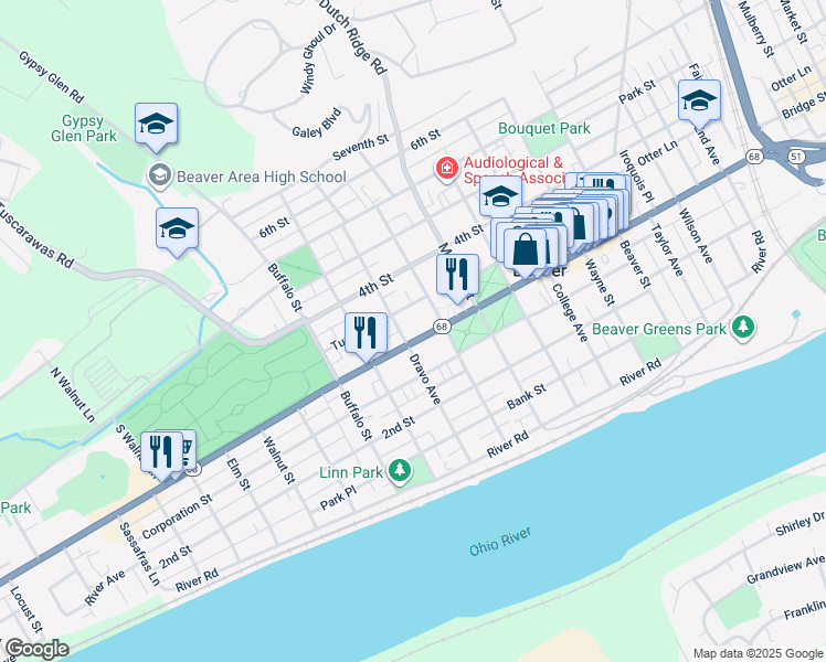 map of restaurants, bars, coffee shops, grocery stores, and more near 320 Dravo Avenue in Beaver