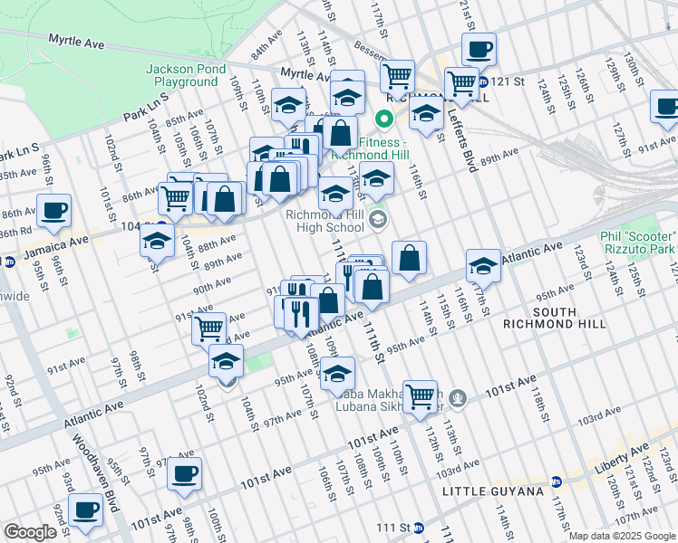 map of restaurants, bars, coffee shops, grocery stores, and more near 91-28 111th Street in Queens