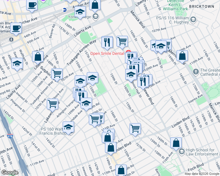 map of restaurants, bars, coffee shops, grocery stores, and more near 157-11 109th Avenue in Queens