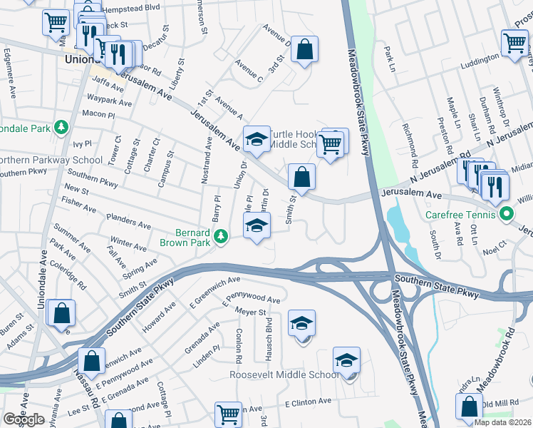 map of restaurants, bars, coffee shops, grocery stores, and more near 751 Martin Drive in Uniondale