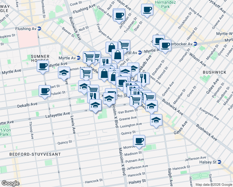 map of restaurants, bars, coffee shops, grocery stores, and more near 1096 DeKalb Avenue in Brooklyn