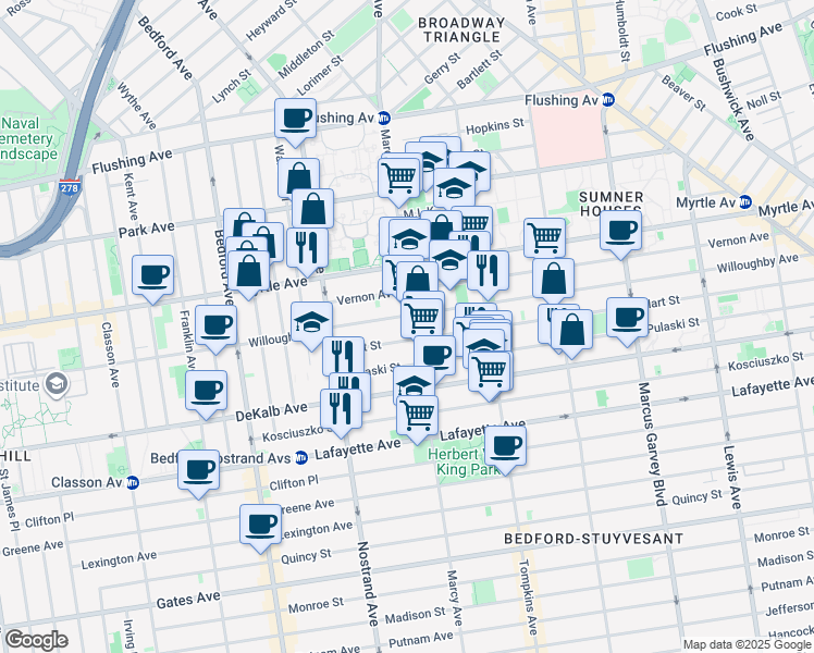 map of restaurants, bars, coffee shops, grocery stores, and more near 611 Marcy Avenue in Brooklyn